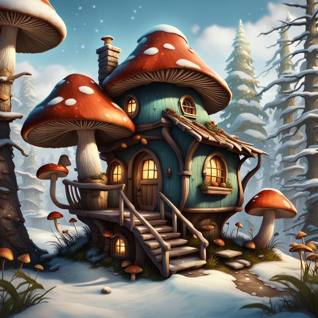Whimsical Winter: Baby Mice at Mushroom House