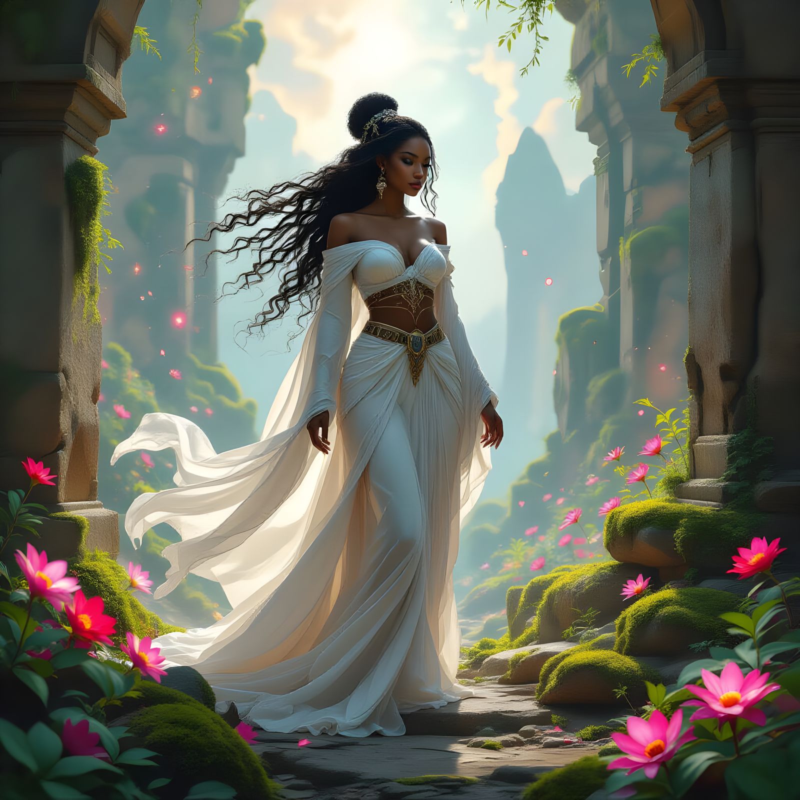 Ethereal African Woman in Cosmic Ruins