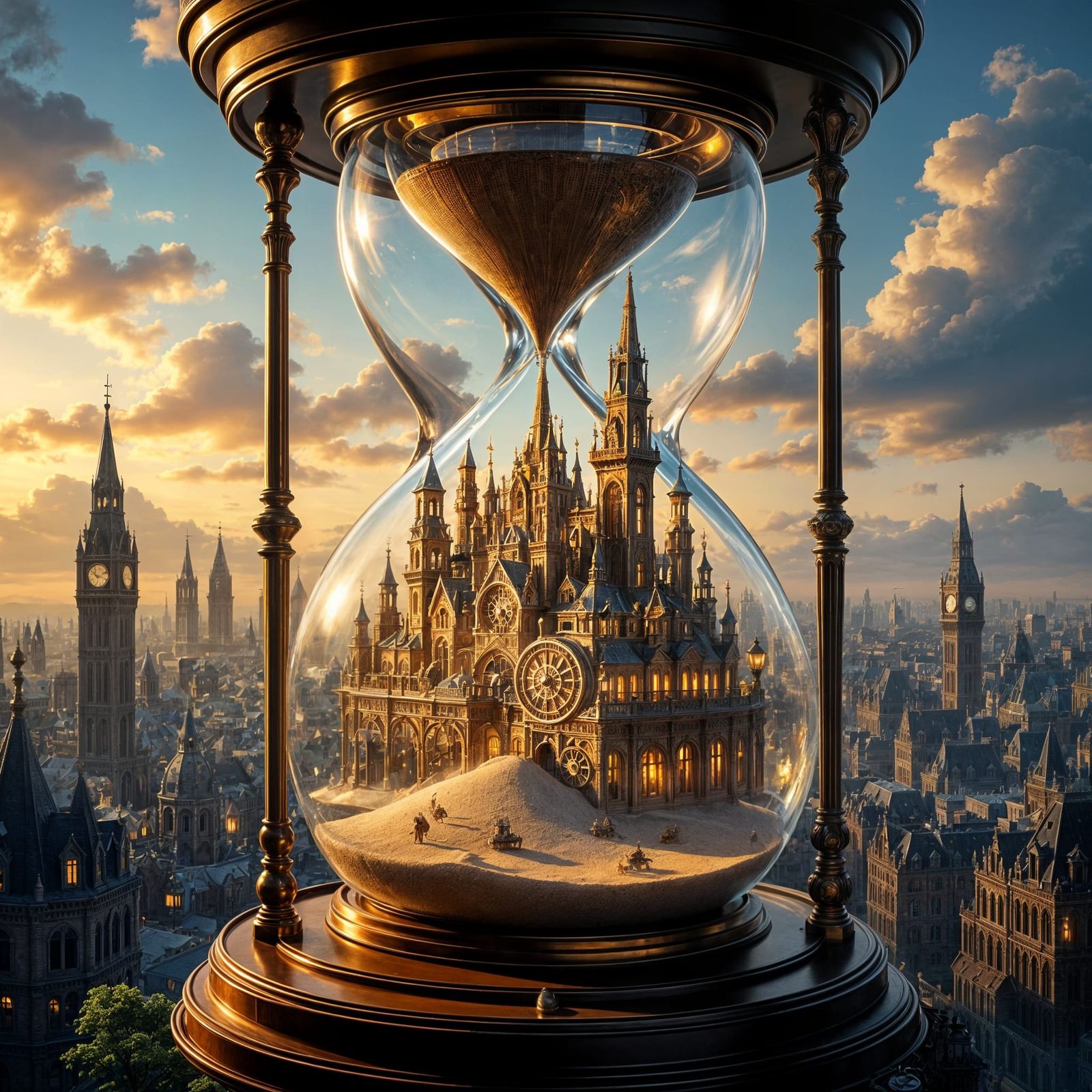Victorian City Inside Glowing Hourglass, Steampunk Style
