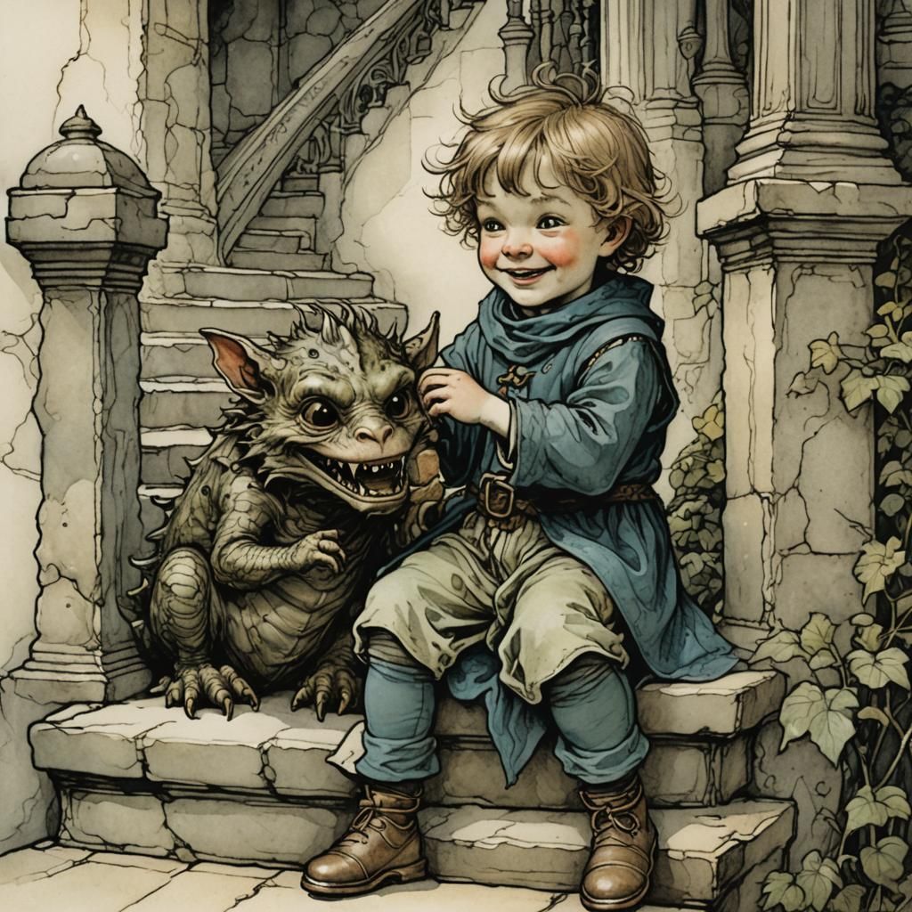 Medieval Toddler and Monster Pet, Arthur Rackham Style