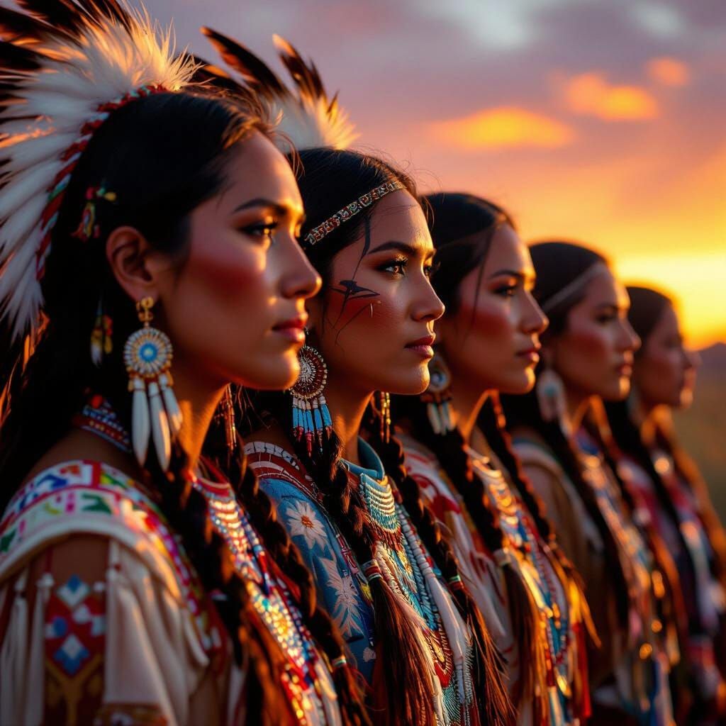 Native American Women at Sunset in Realistic Painterly Style