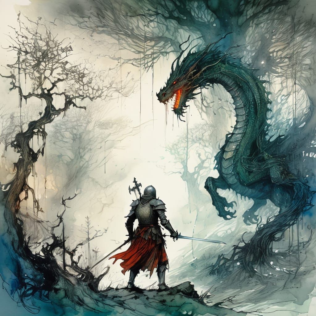 Knight and Dragon in Forest, Intricate Linework Style