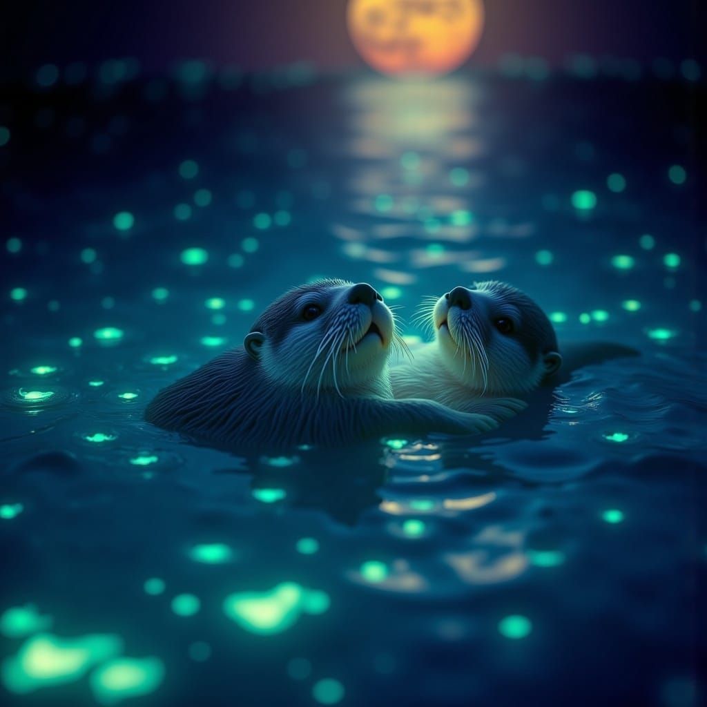 Luminescent Otter's Serene Night Swim in Glowing Ocean