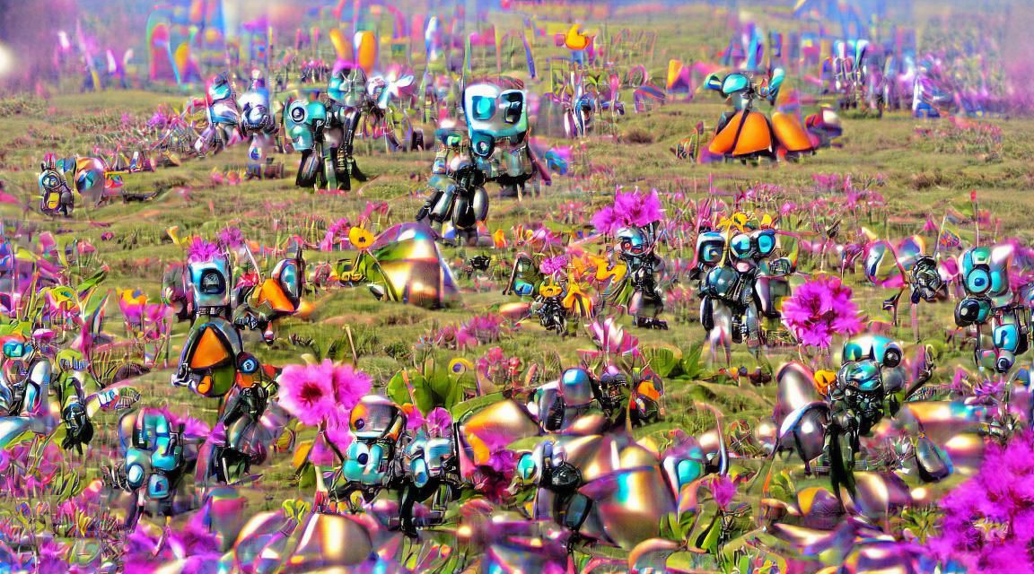 Robots Dancing in Flower Field: Biopunk-Steampunk Art