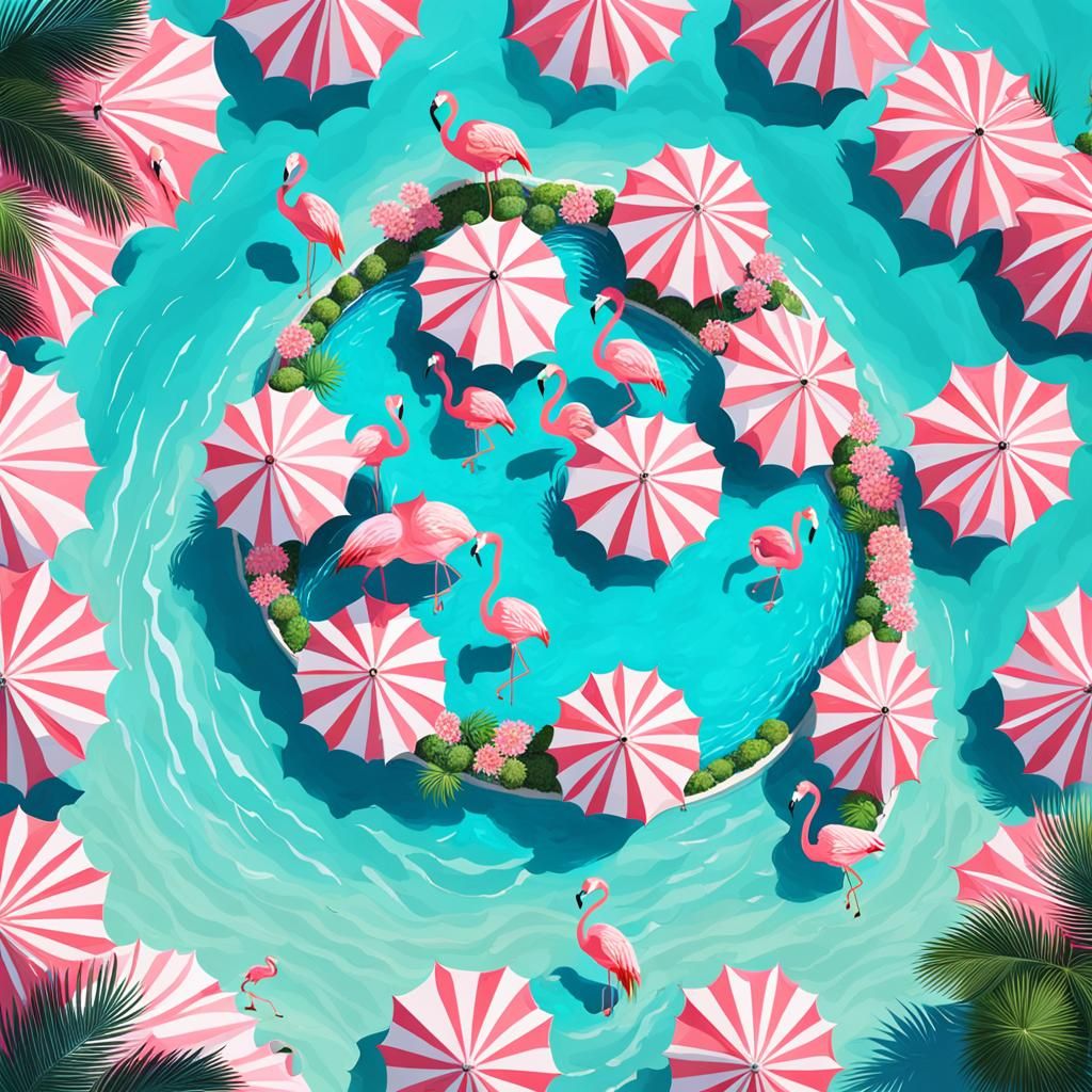 Flamingos Swim in Giant Cocktail: Overhead View