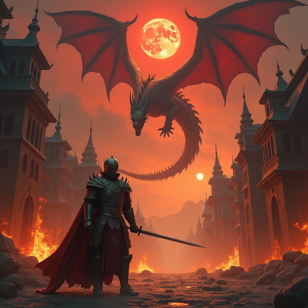 Dragon and Soldier in Burning Village, Fantasy Art