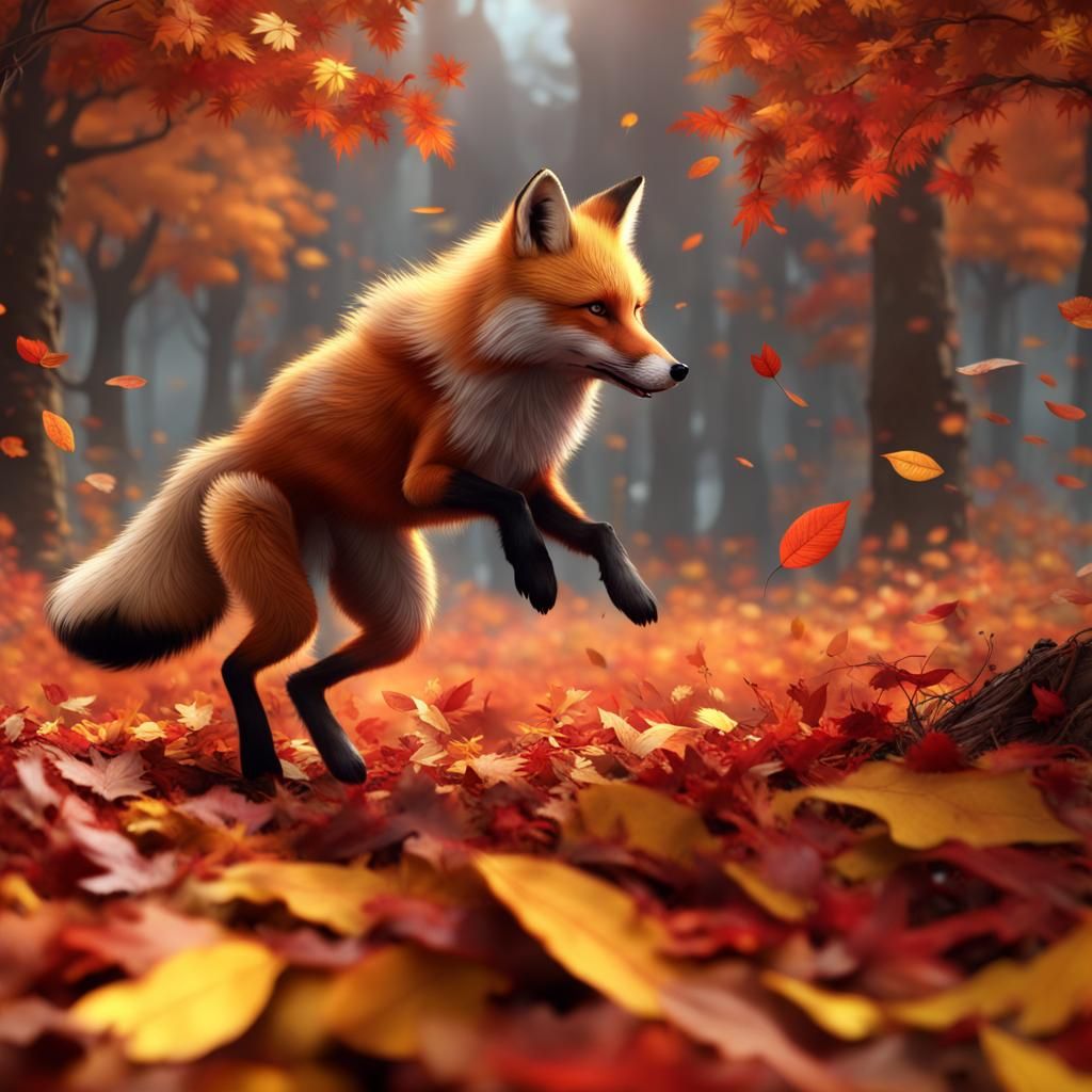 Fox and Wolf Enjoying Autumn Leaves in Matte Painting