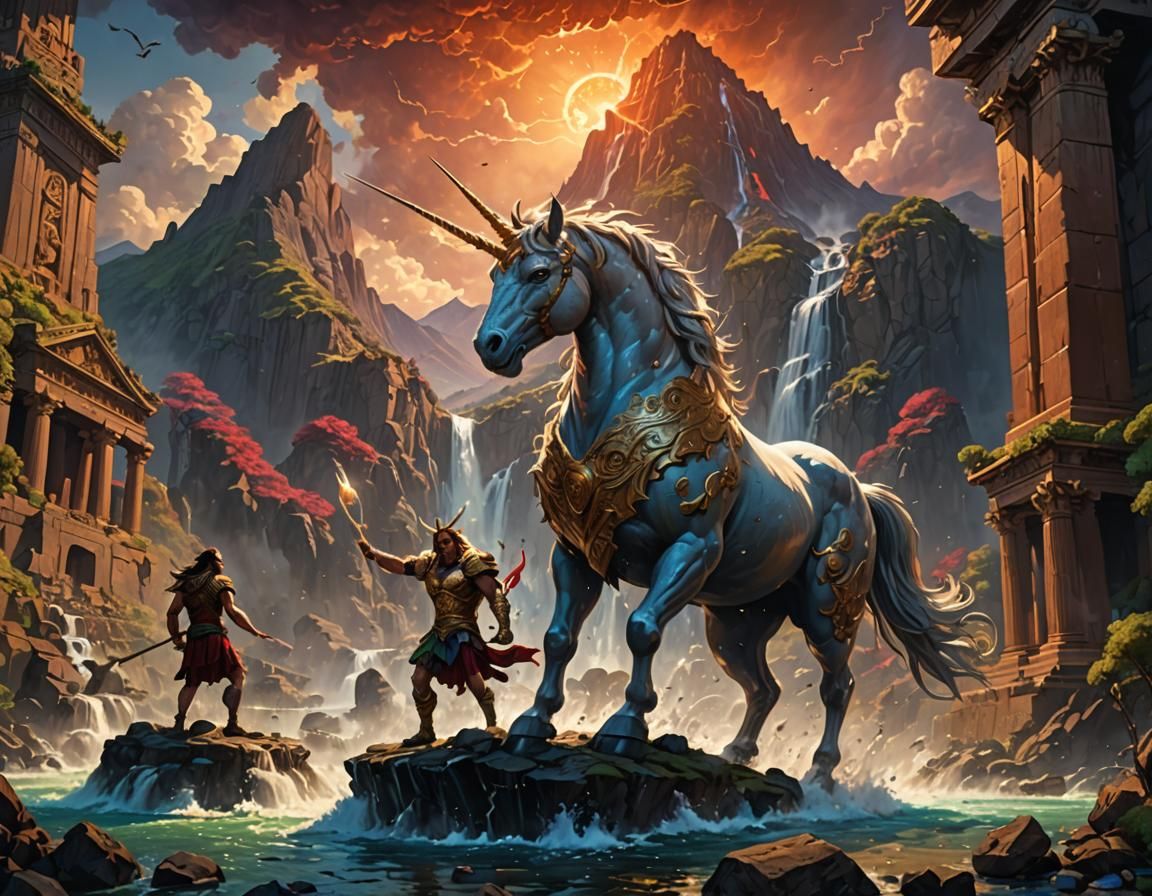Unicorn, Minotaur, Phoenix in Fantasy Landscape