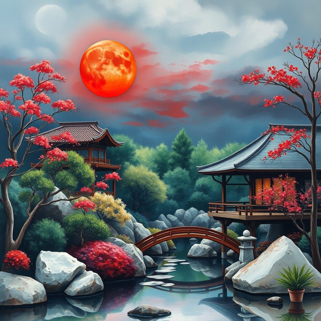 Japanese Garden Under a Blood Red Moonlit Sky in Epic Impres...