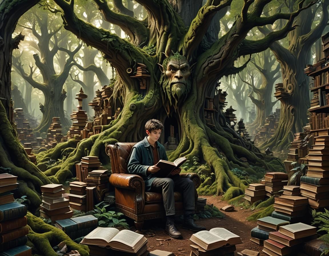 Fantasy Forest Library with Reading Boy