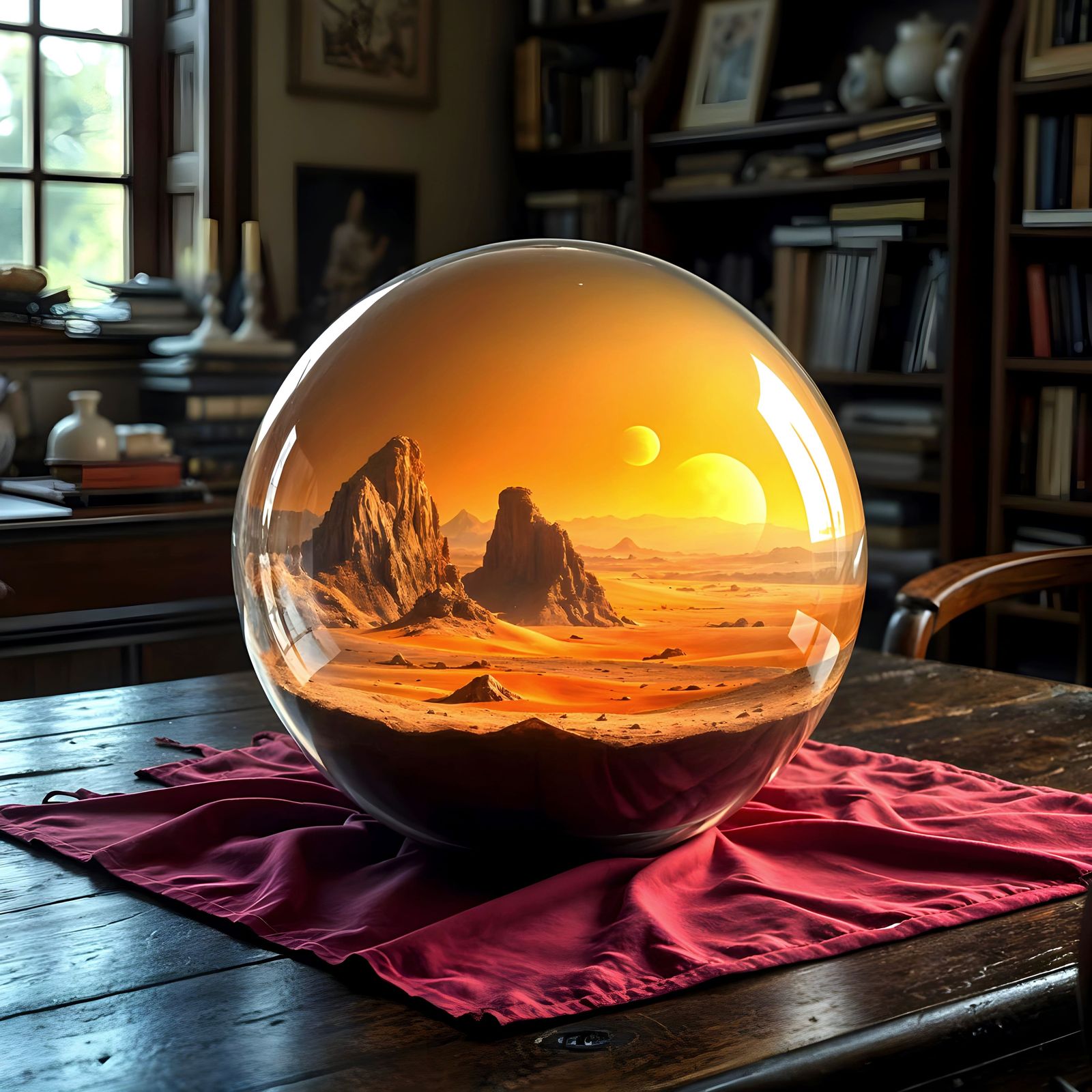 Alien Landscape in Glass Orb on Worn Wooden Table