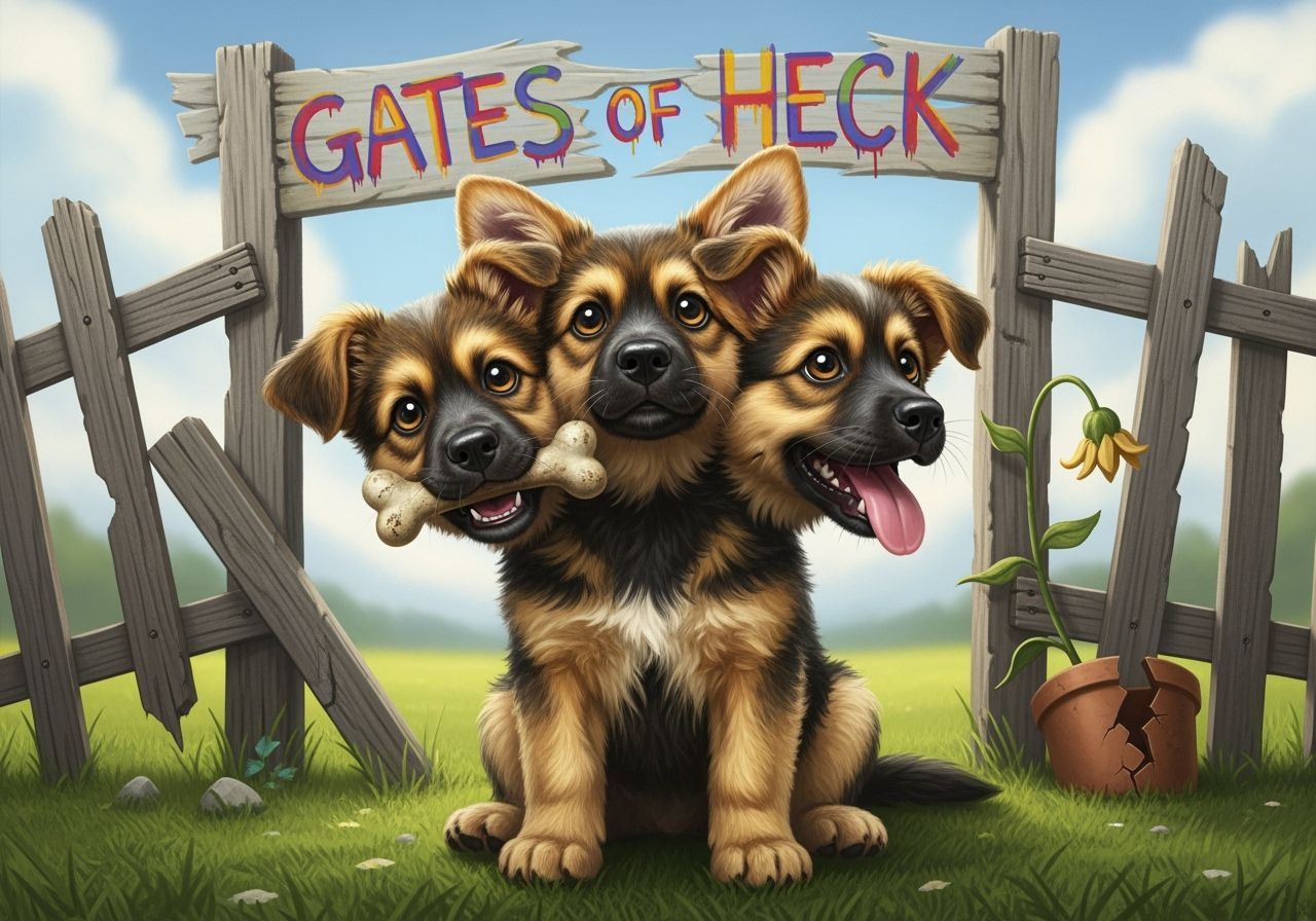 Cute Three-Headed Cerberus Puppy Guards Whimsical Gates of H...