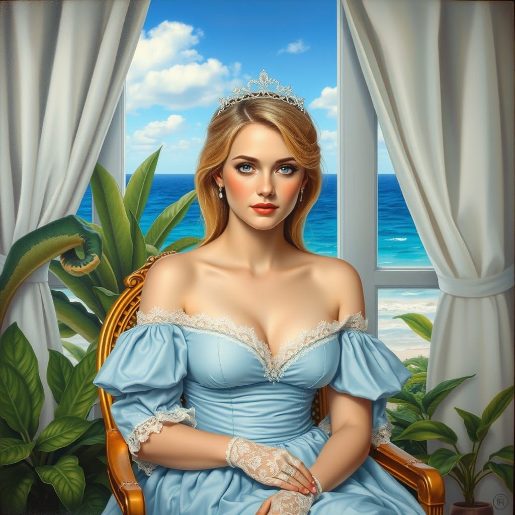 Realistic Painting of a Woman in Blue Dress with Tiara
