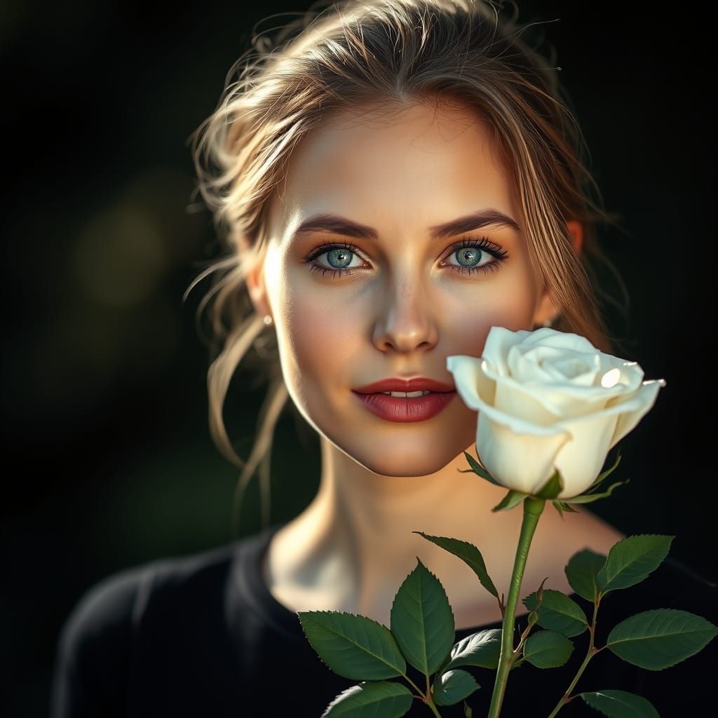 Young Woman with White Rose: Professional Portrait