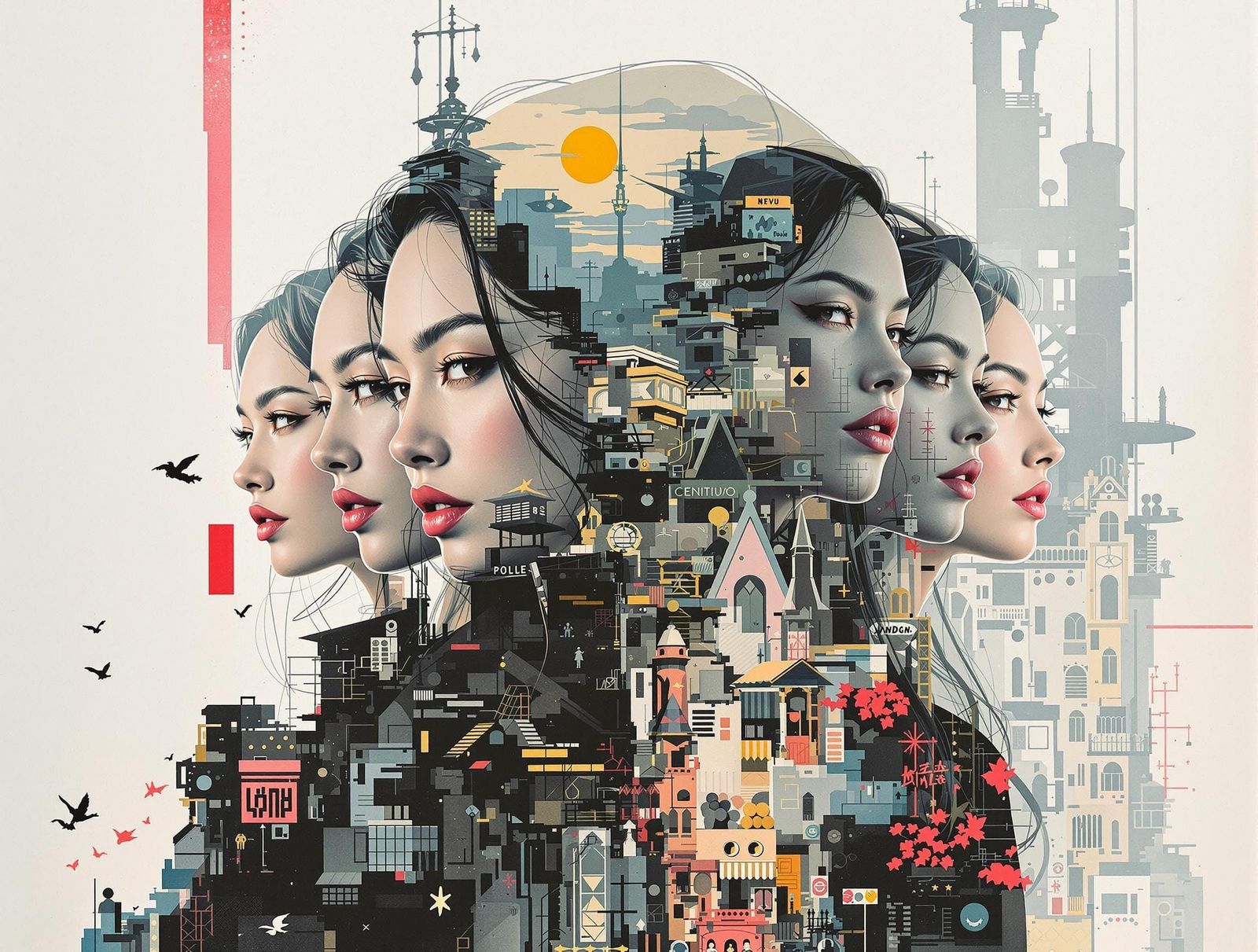 Stark Double Exposure Artwork in Minimalist Manhwa Style