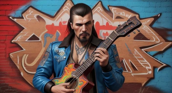 Motorcycle Gang Balalaika Player in Graffiti Alley