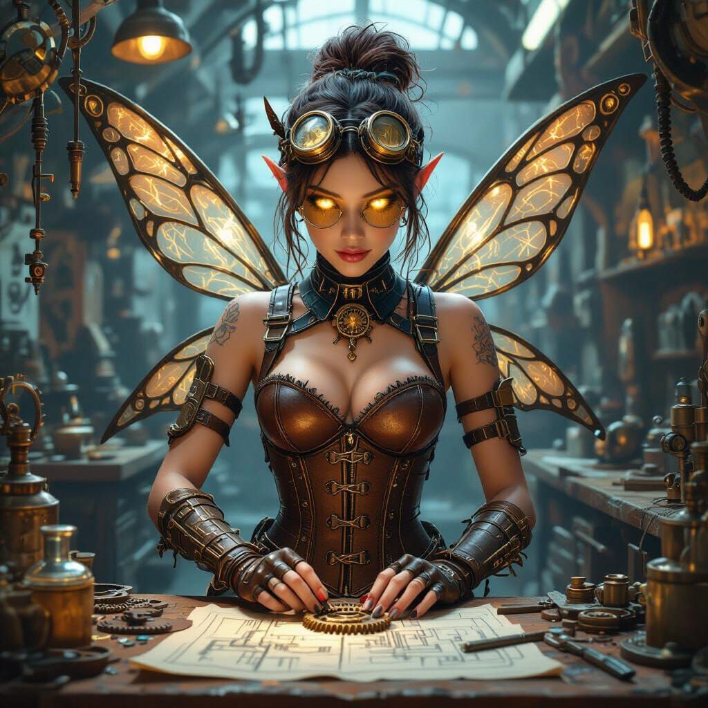 Steampunk Mechanic Fairy in Workshop