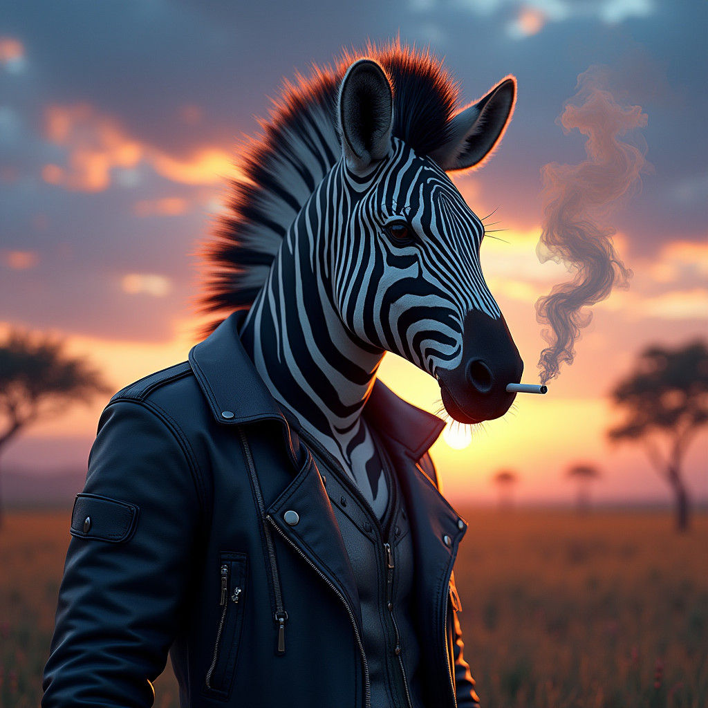 Zebra Smoking in a Dreamlike Savannah Landscape