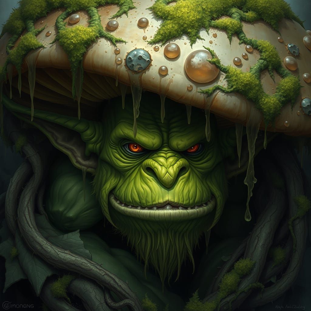 Mossy Troll Peeking Under Mushroom: Fantasy Concept Art