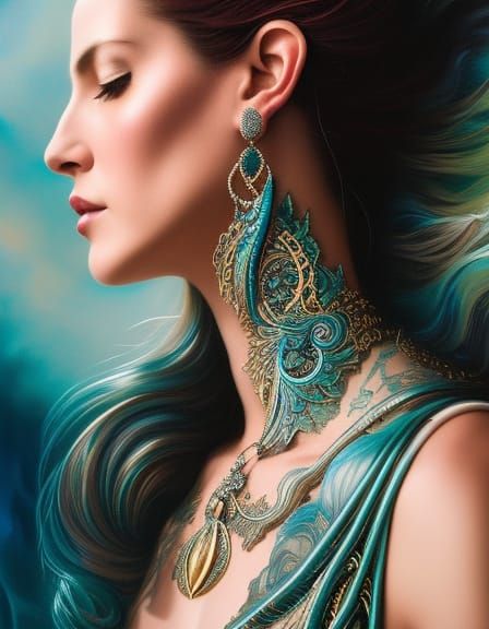 Metallic Teal Ink Woman: Photorealistic Concept Art