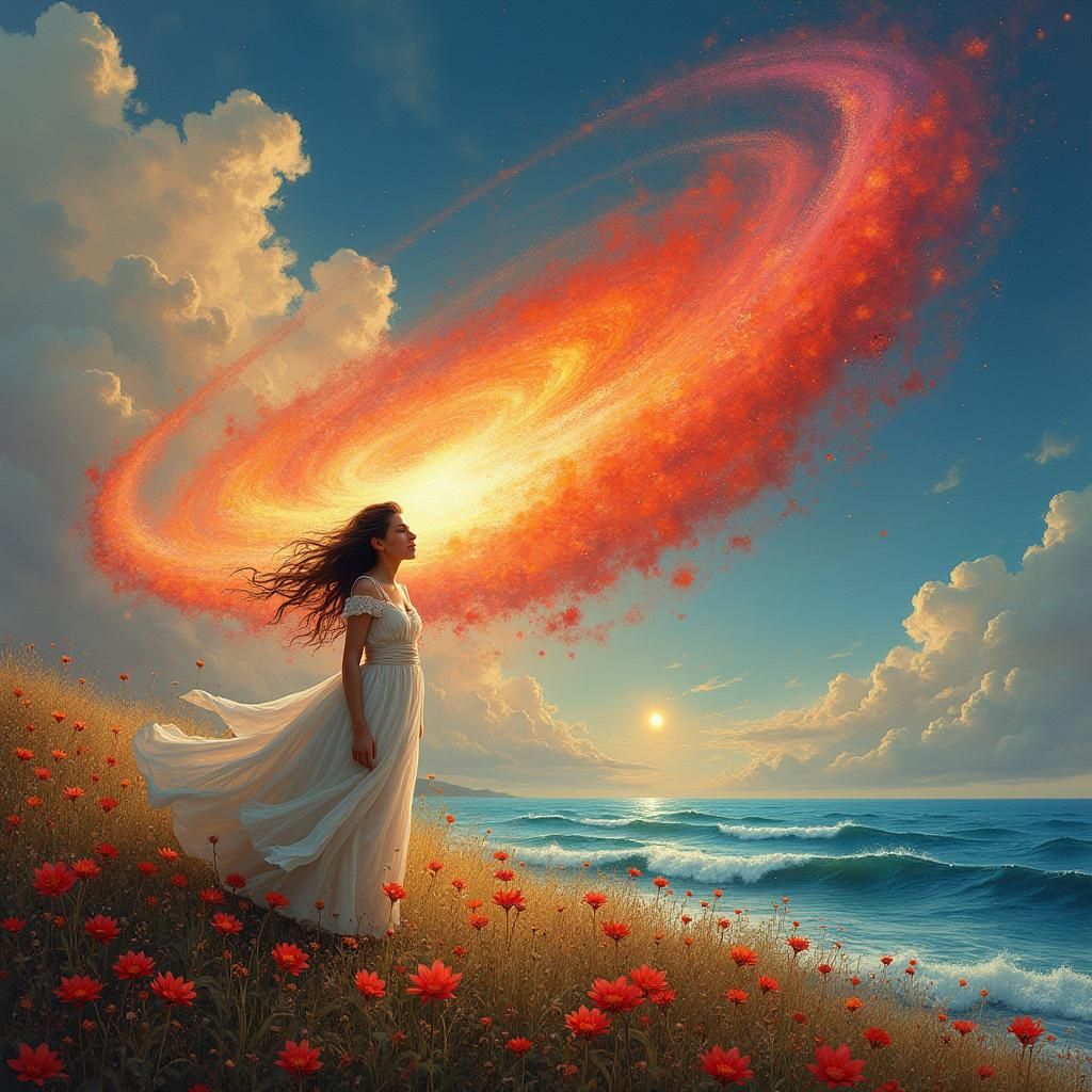 Fairy Chasing Kite in Dandelion Field as Painting