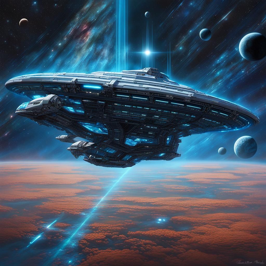 Starship Drifting in Cerulean-Lit Deep Space