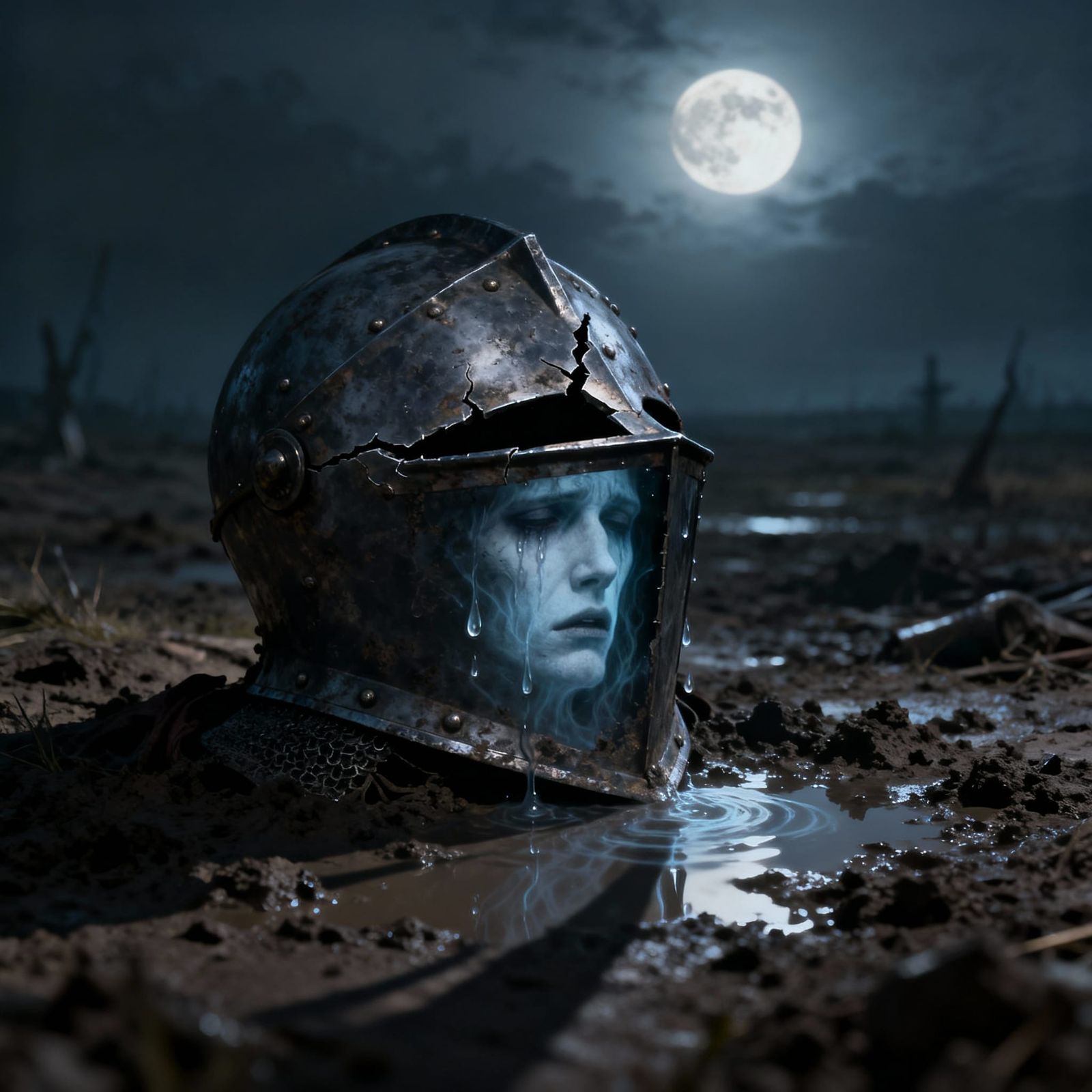 Ghostly Knight Helmet on Battlefield in Moonlight