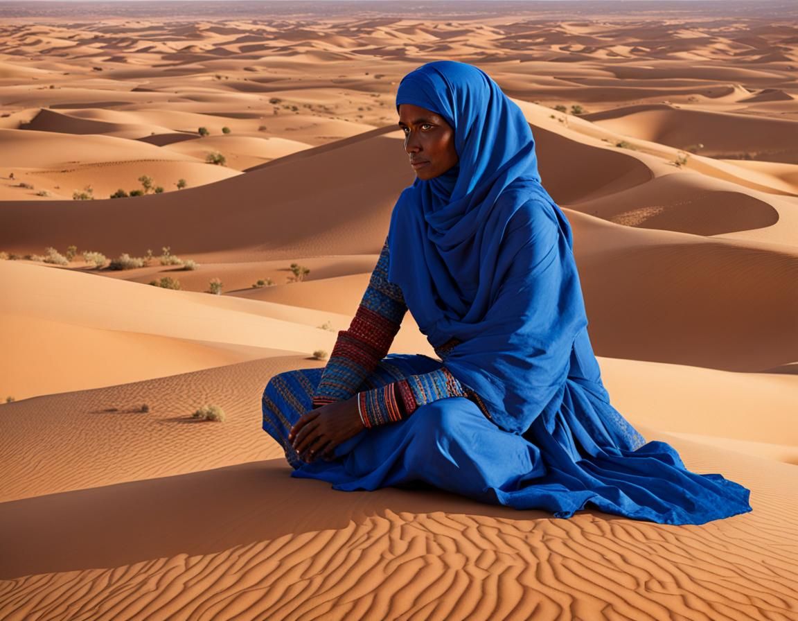 Blue Hoggar Woman in Desert Landscape