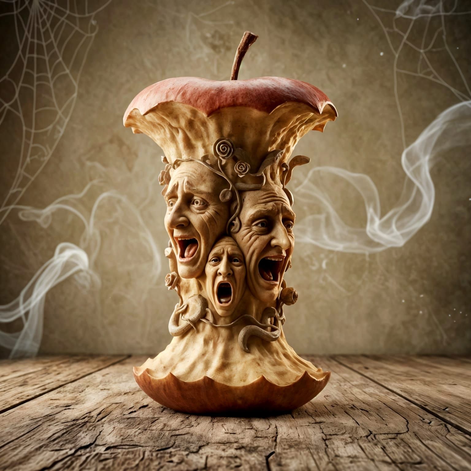 Enchanted Apple Core with Carved Witch Faces