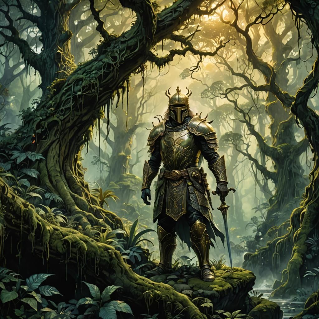 Regal Knight in Mystical Jungle, Watercolor Art