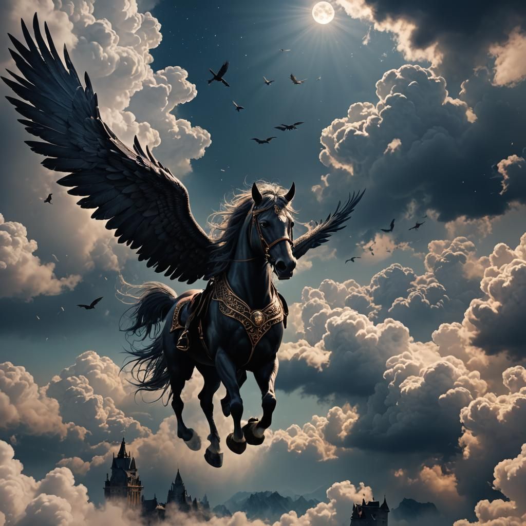 Dark Pegasus Soars Through Ethereal Clouds in Midnight Skies