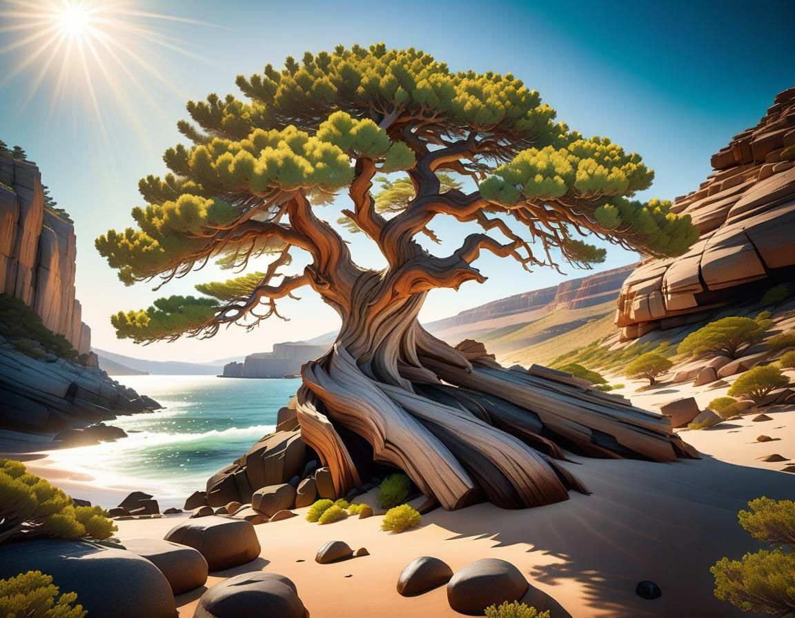 Majestic Juniper Tree in Sunlit Gorge: Photorealistic Fantas...