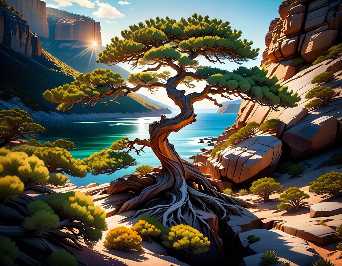 Lone Juniper Tree in Seaside Landscape
