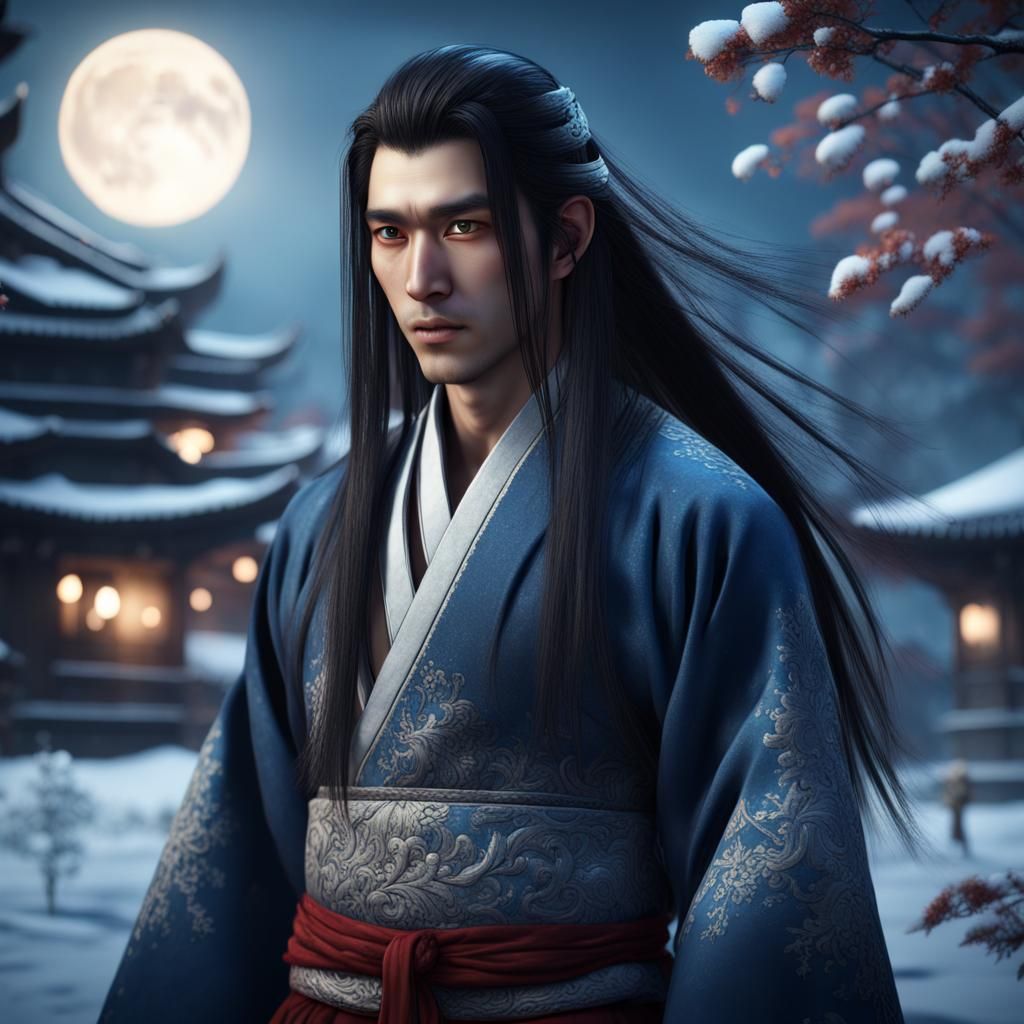 Young Asian Man in Traditional Dress Under Moonlight