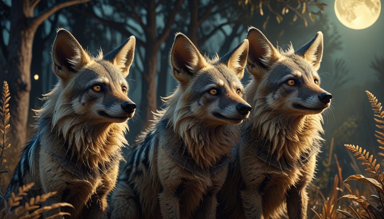 Whimsical Aardwolves in Moonlit Savannah: Fantasy Digital Ar...