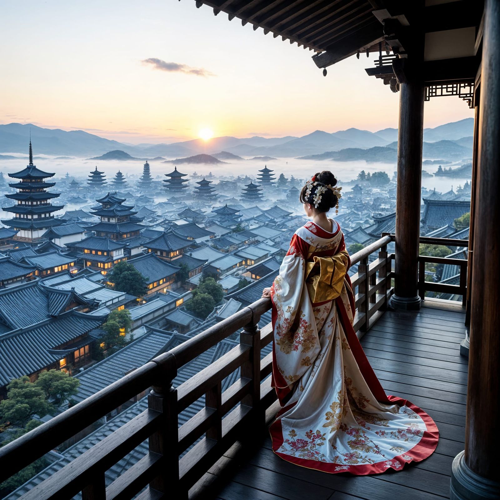 Edo City Dawn View From Palace Balcony With Noble Lady