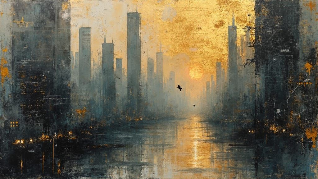 Mixed-Media Collage of a Surreal Cityscape