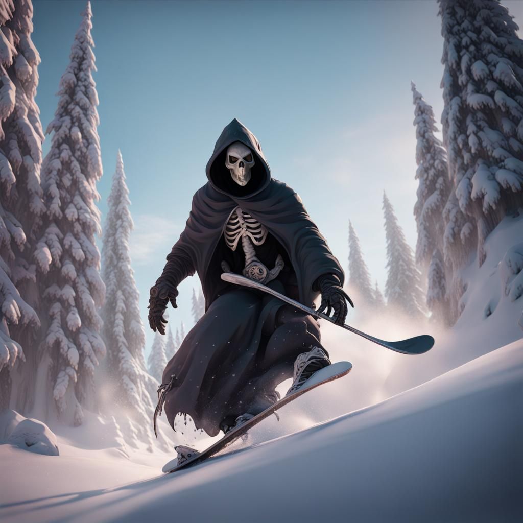 Grim Reaper Snowboarding: Detailed Matte Painting