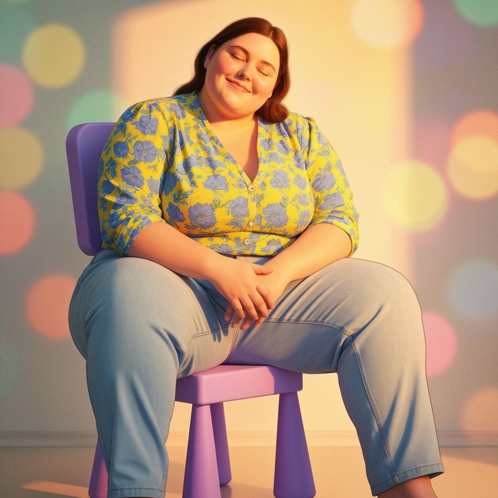 Woman on Tiny Chair, Illustrative Art Style