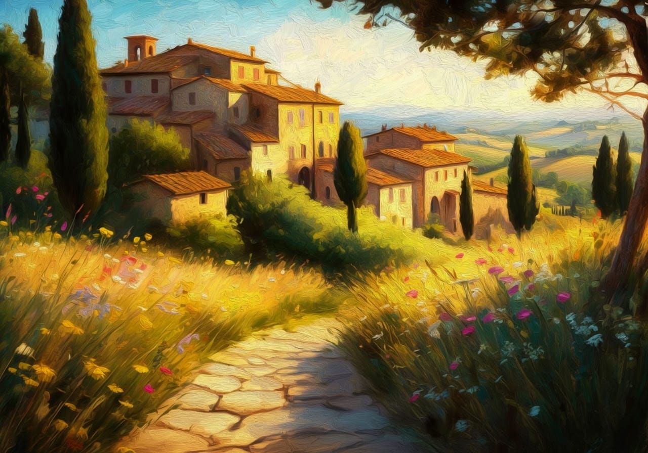 Tuscan Hill Town in Warm Golden Light