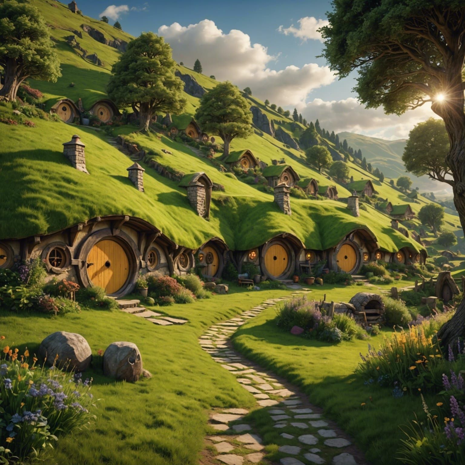 Idyllic Hobbit Shire with Magical Lighting