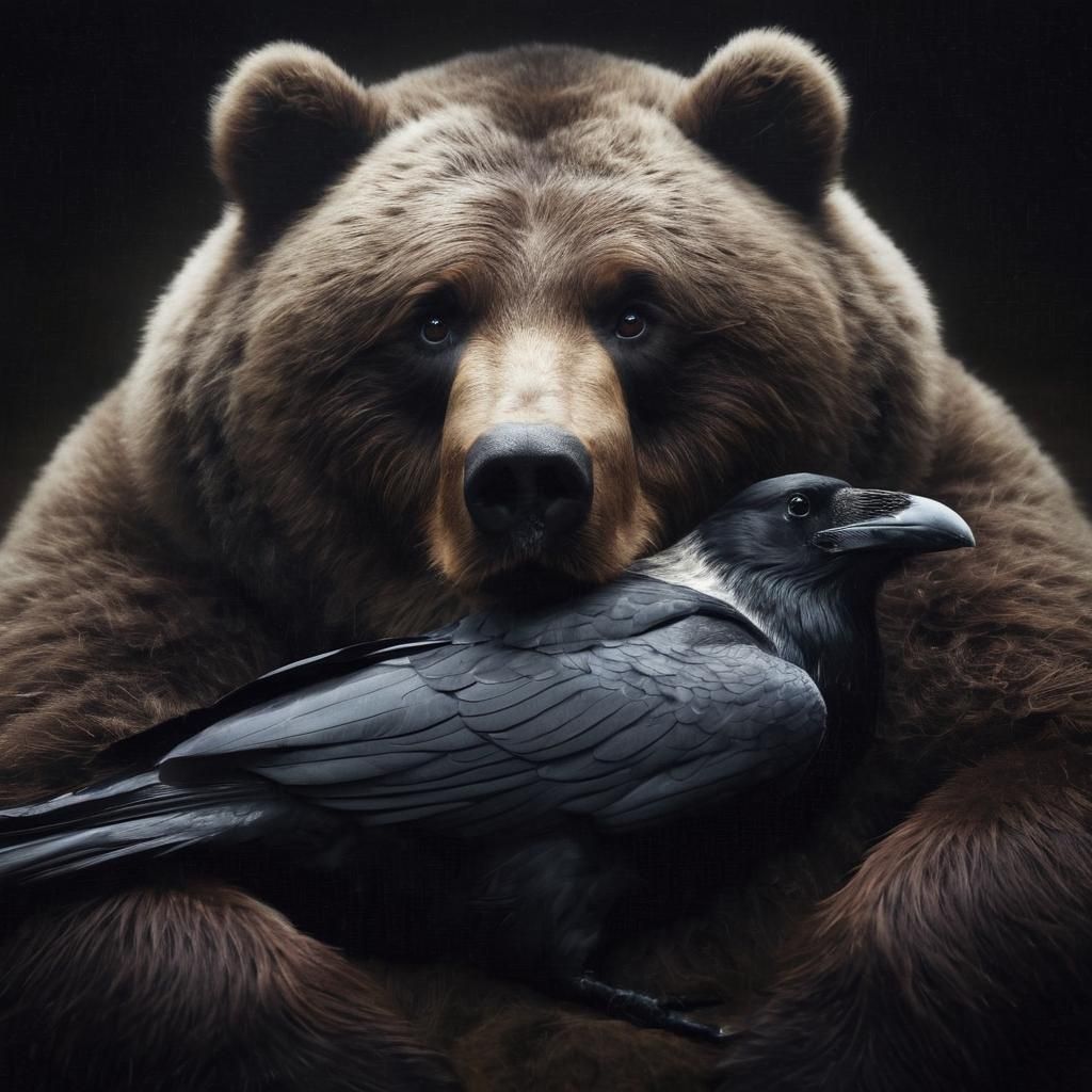Kodiak Bear Snuggling Crow in Nature Photograph