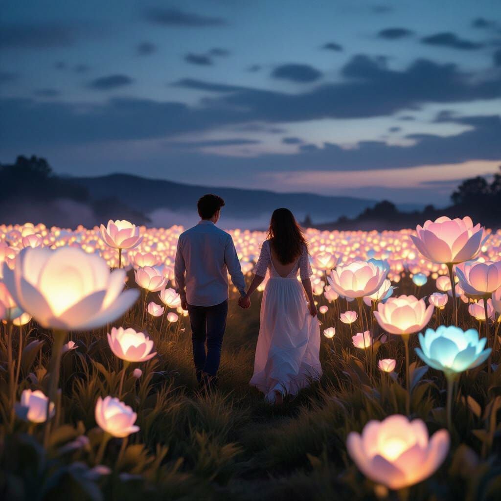 Couple Walks Through Bioluminescent Flowers at Twilight