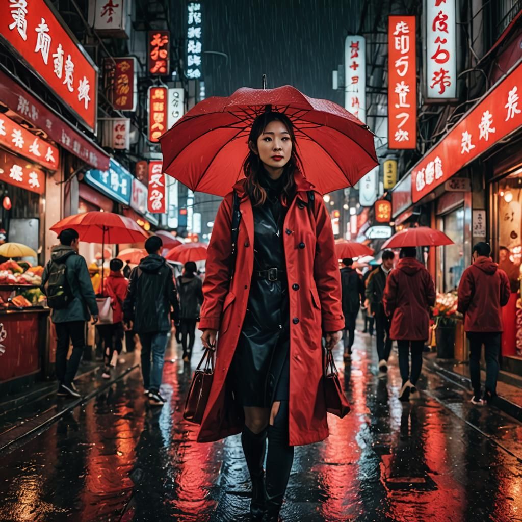 Rainy City Night Scene with Woman in Red