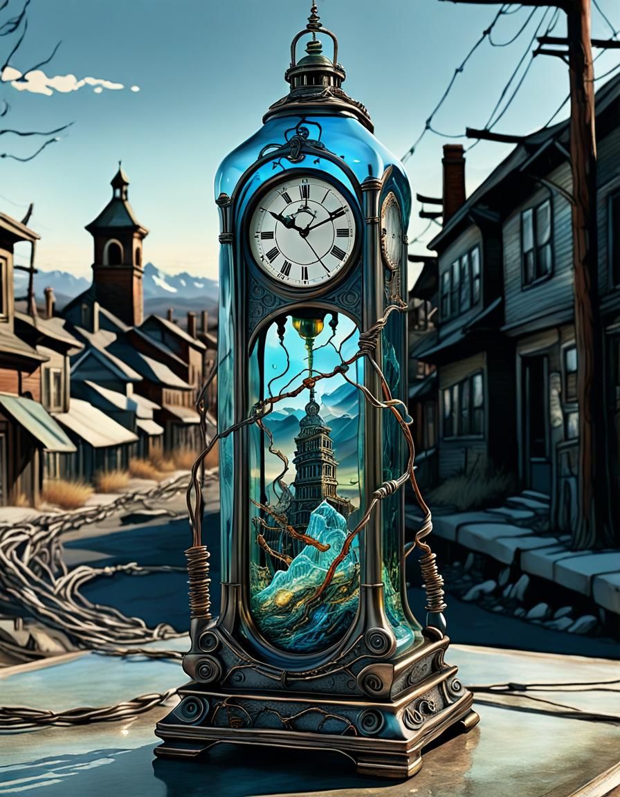 Melting Clock in a Bottle: Surreal Post-Apocalyptic Art
