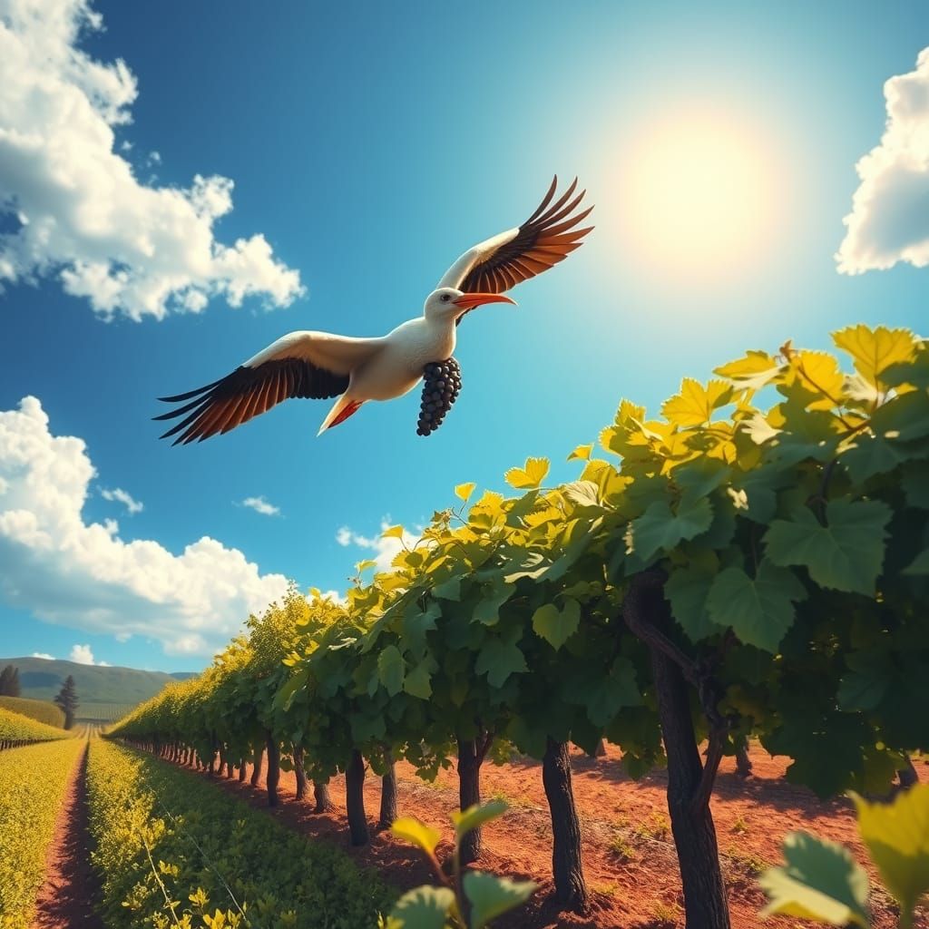 Stork Soars Over Whimsical Vineyard Landscape