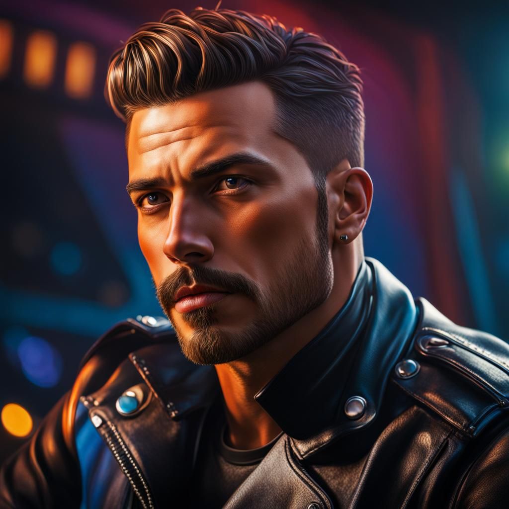 Hyperrealistic Biker in Leather, Splash Art