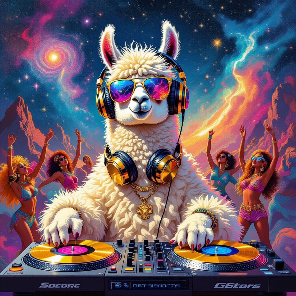 Cosmic Llama DJ Spins Among Constellations