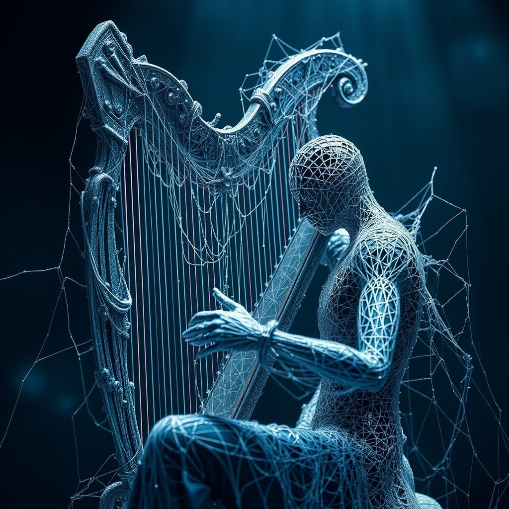 Spiderweb Harpist in Deep Color Fantasy Art