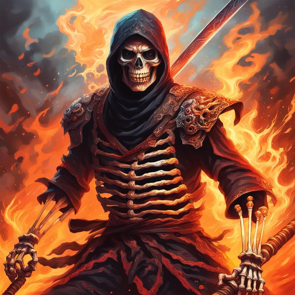 Skeleton Fire Ninja Fighting Demon in Hell